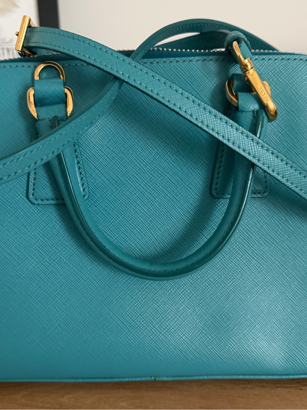 Prada Teal Saffiano Leather Satchel with Gold Hardware - Picture 3 of 7